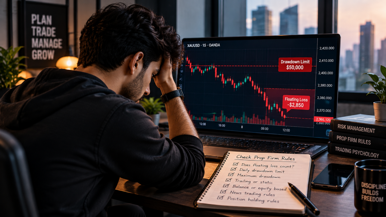 Young trader reviewing floating loss and prop firm drawdown limits on a trading screen