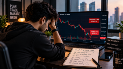 Young trader reviewing floating loss and prop firm drawdown limits on a trading screen