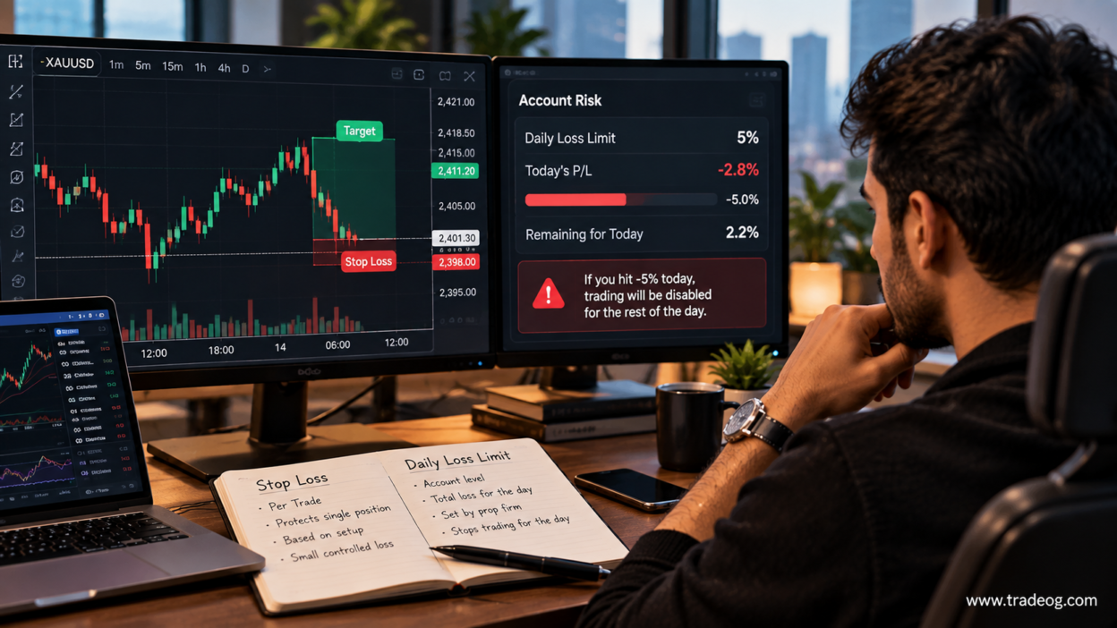Realistic prop trader comparing stop loss and daily loss limit on trading screens