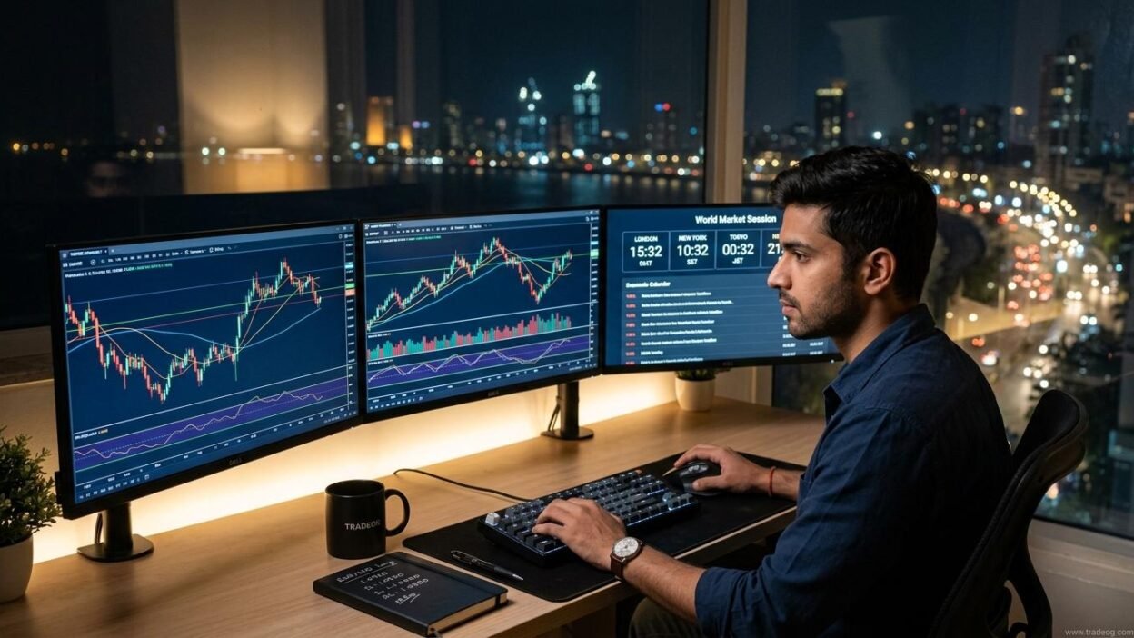 Forex market close time in India chart on desk monitor showing Friday market close and world sessions