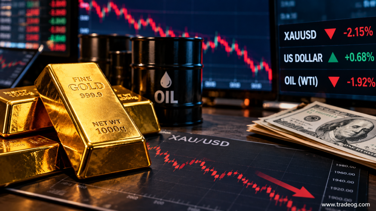 Gold bars, oil barrels, US dollars and a falling XAUUSD market chart