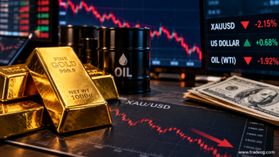Gold bars, oil barrels, US dollars and a falling XAUUSD market chart