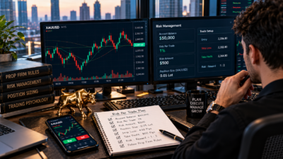 HD realistic trader and XAUUSD risk management setup for a prop firm account