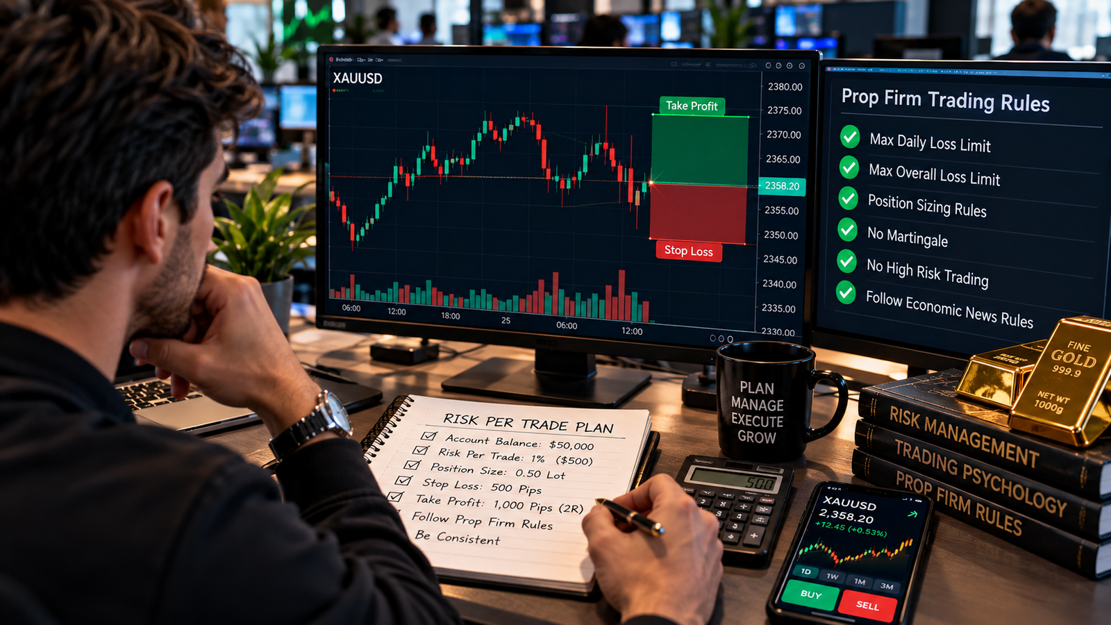 Realistic XAUUSD position sizing and risk management dashboard for prop firm trading