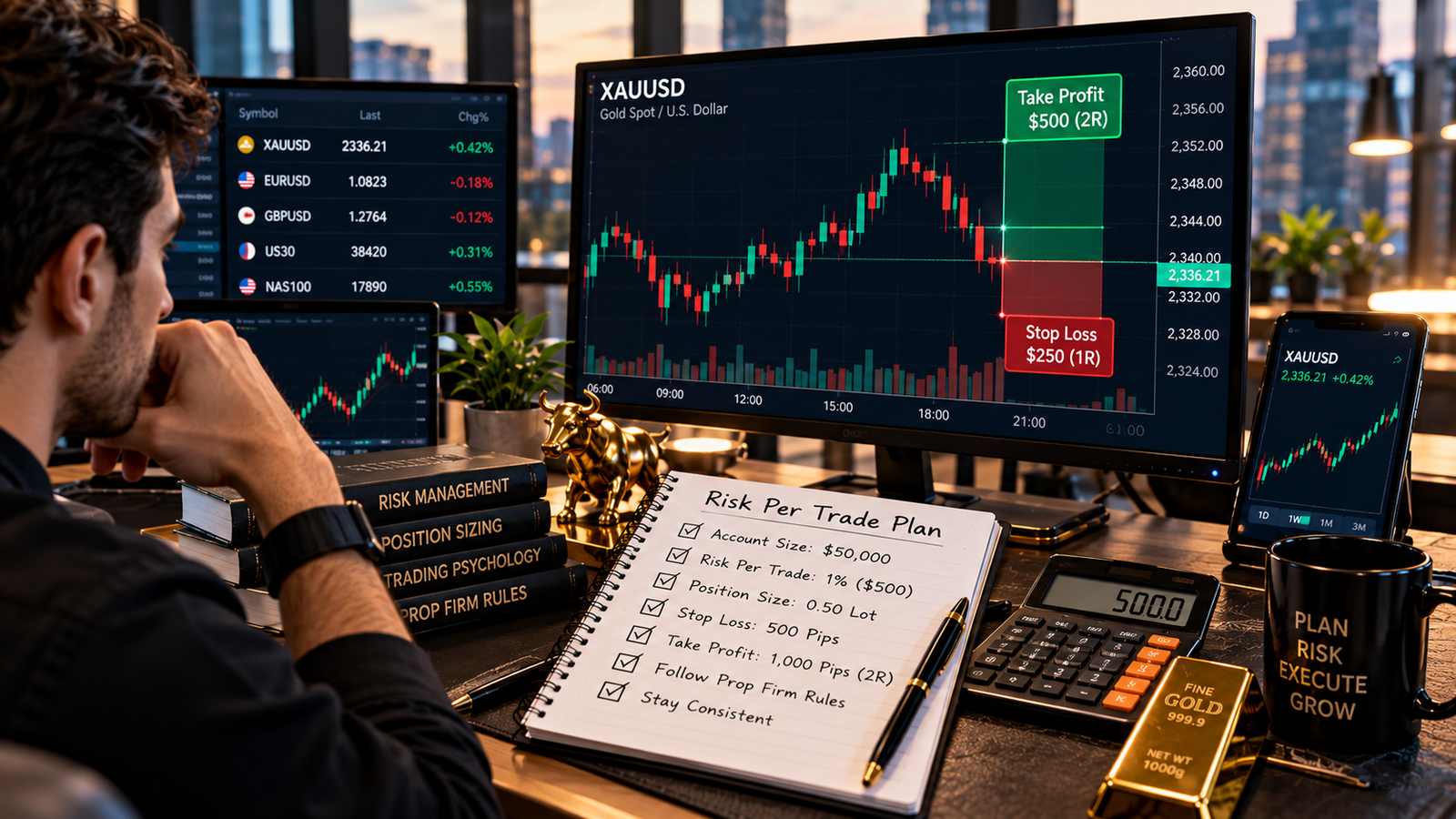 Realistic prop firm risk plan with XAUUSD stop loss take profit and position sizing