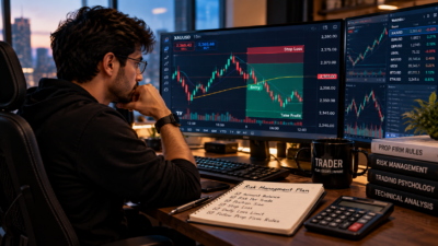 Realistic trader managing XAUUSD risk and losing-trade exposure in a prop firm account