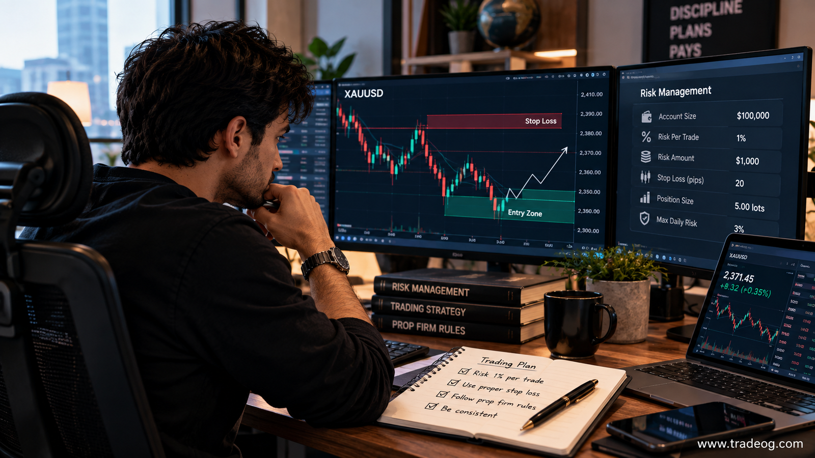 Realistic XAUUSD prop firm risk dashboard showing stop loss and account protection