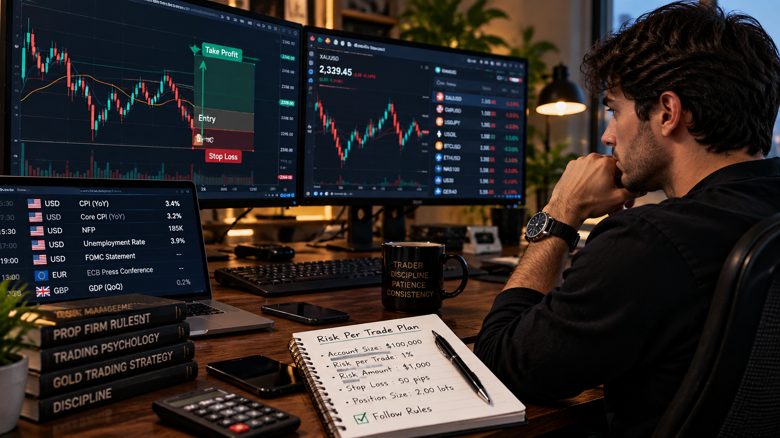 Realistic prop firm trading plan with XAUUSD chart and risk per trade calculations