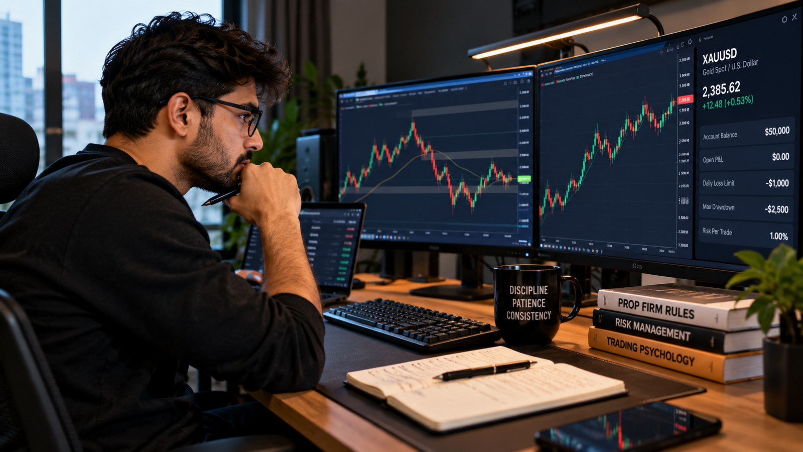 Realistic XAUUSD trader reviewing drawdown and position size calculations