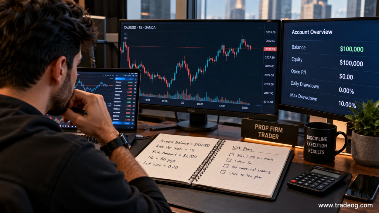 Realistic trader calculating position size and drawdown risk on a prop firm account