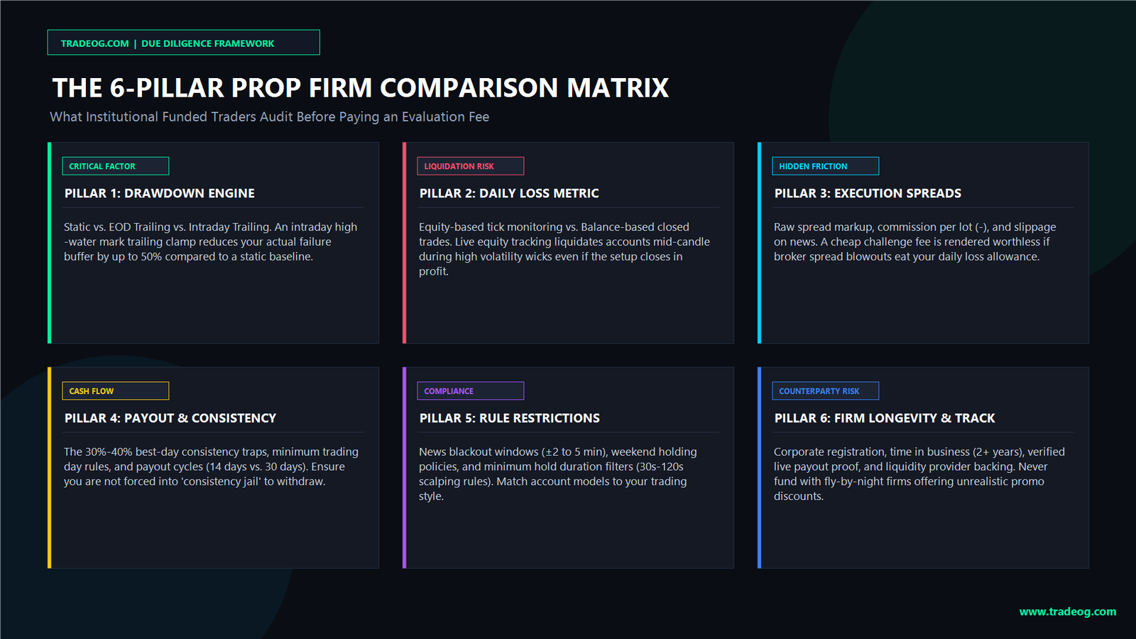 6 Pillar Prop Firm Comparison Framework What Traders Must Compare www.tradeog.com