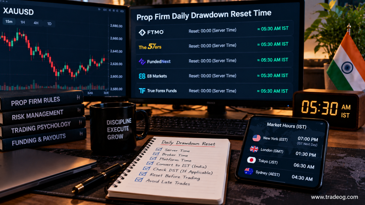 Realistic trading desk showing prop firm daily drawdown reset time in India