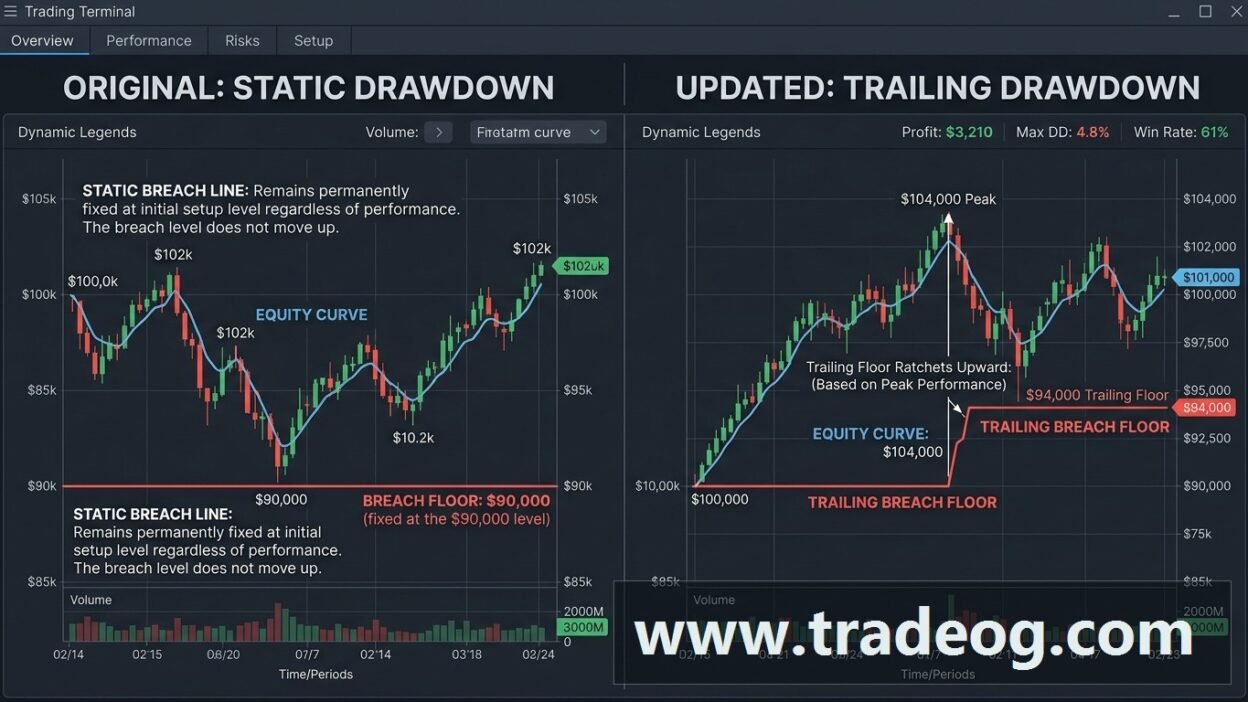 Trading analytics dashboard showing account equity approaching a prop firm drawdown threshold