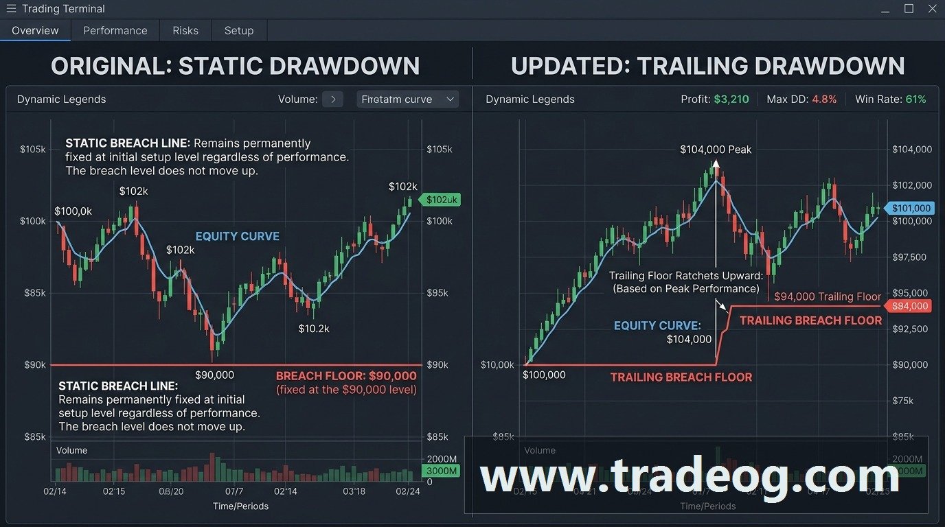 Trading analytics dashboard showing account equity approaching a prop firm drawdown threshold