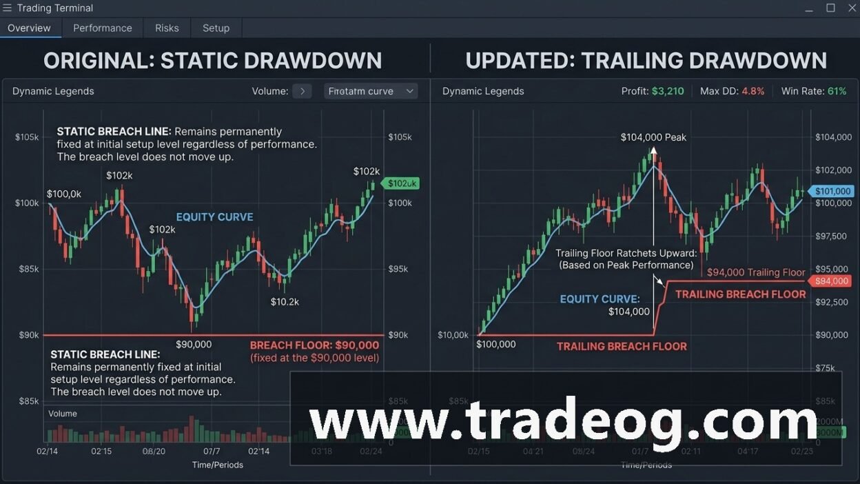 Trading dashboard comparing original and updated prop firm drawdown rules