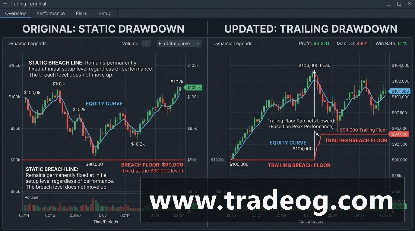 Trading dashboard comparing original and updated prop firm drawdown rules
