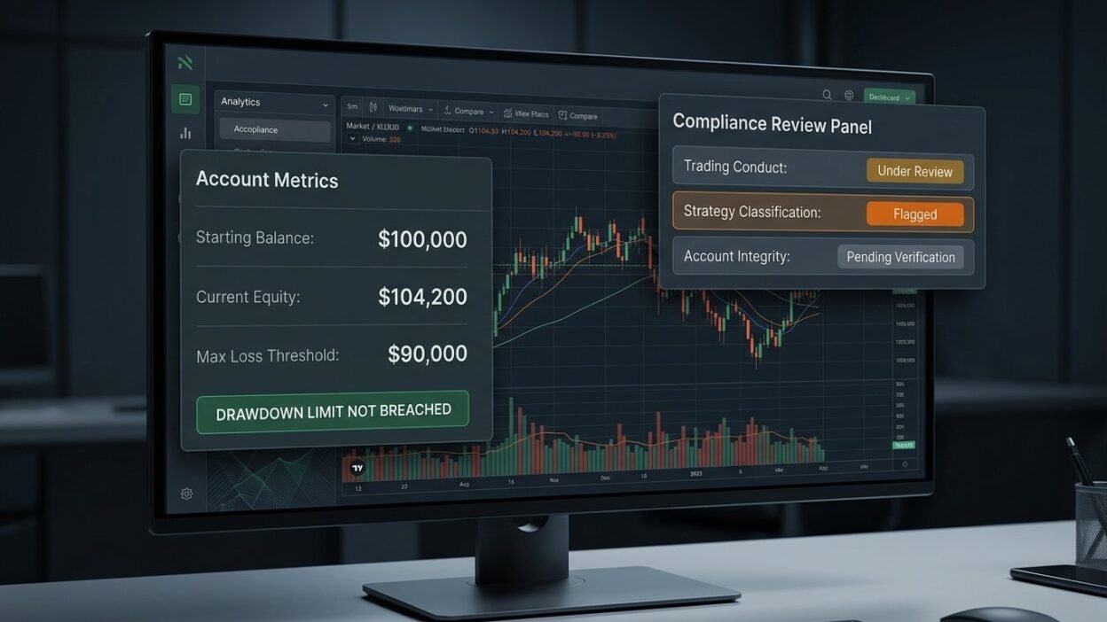 Trading dashboard comparing prop firm account equity and balance with a floating loss