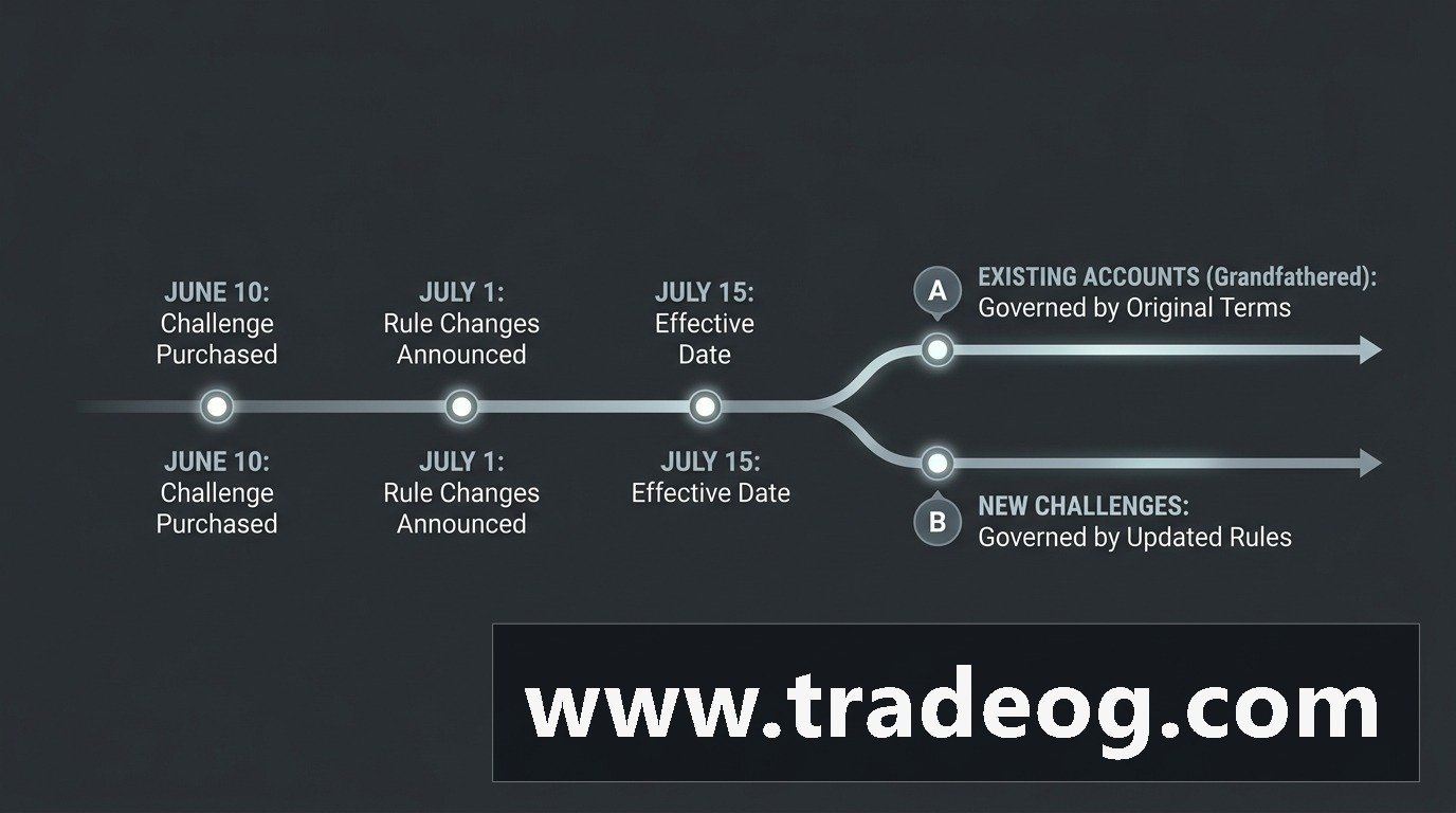 Timeline showing grandfathered prop firm rules for an existing trading account