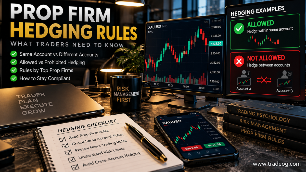 Realistic prop firm hedging rules trading desk showing XAUUSD hedging examples