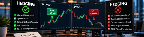Prop firm hedging rules showing single-account versus cross-account XAUUSD hedging