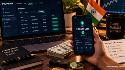 Realistic prop firm USDT payout dashboard and smartphone confirmation for an Indian trader