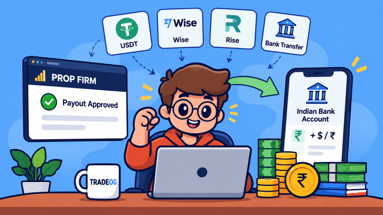 Flat vector illustration showing Indian traders receiving prop firm payouts through USDT, Wise, Rise and bank transfer in 2026