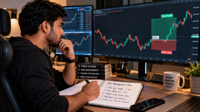 Realistic trader reviewing prop firm trading rules and XAUUSD risk management