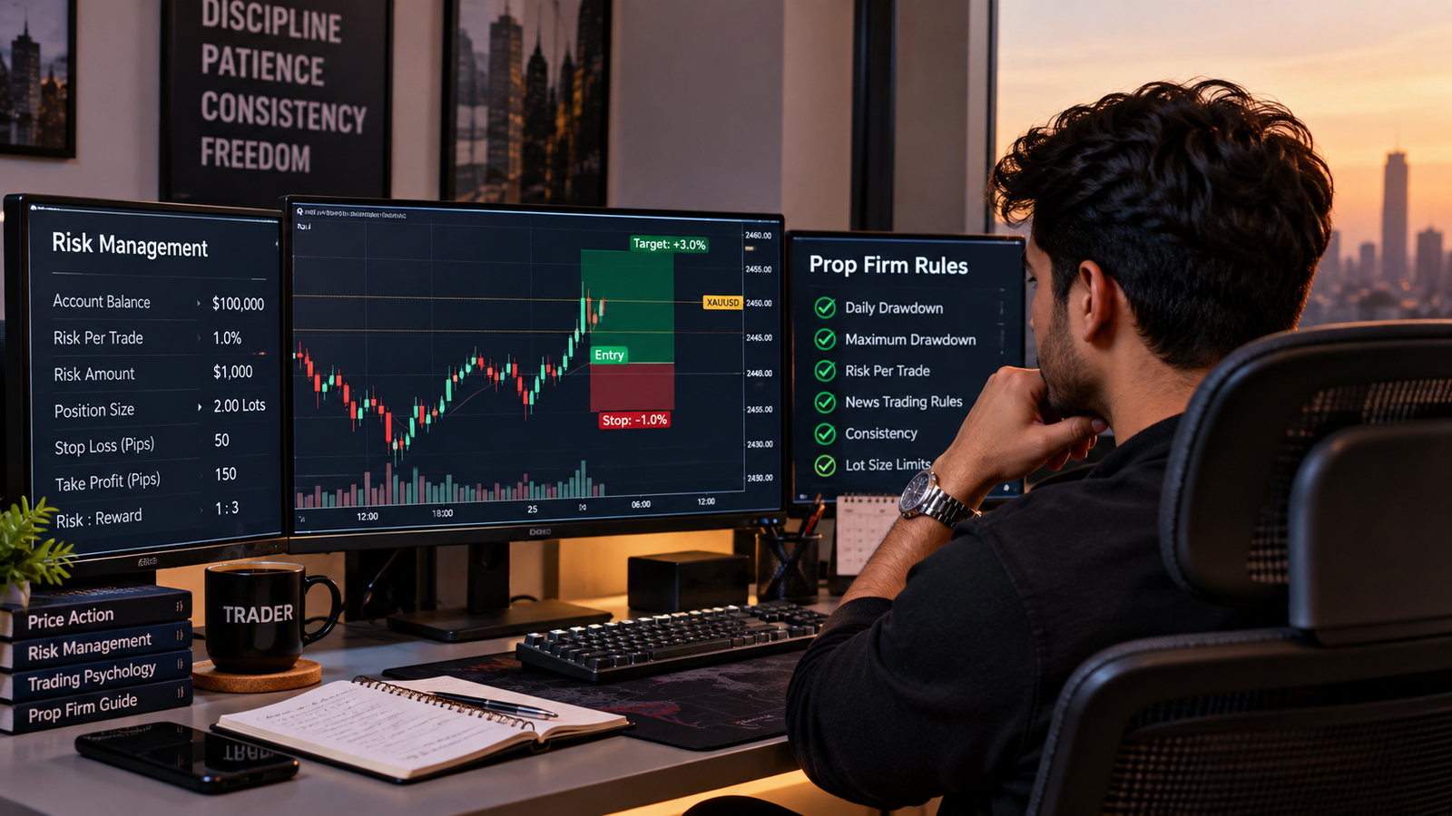 Realistic XAUUSD trading risk dashboard showing account rules and position sizing