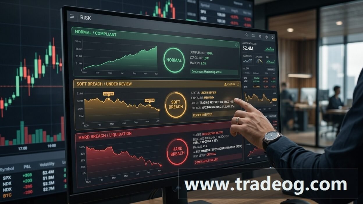 Financial interface comparing soft breach and hard breach conditions in prop trading