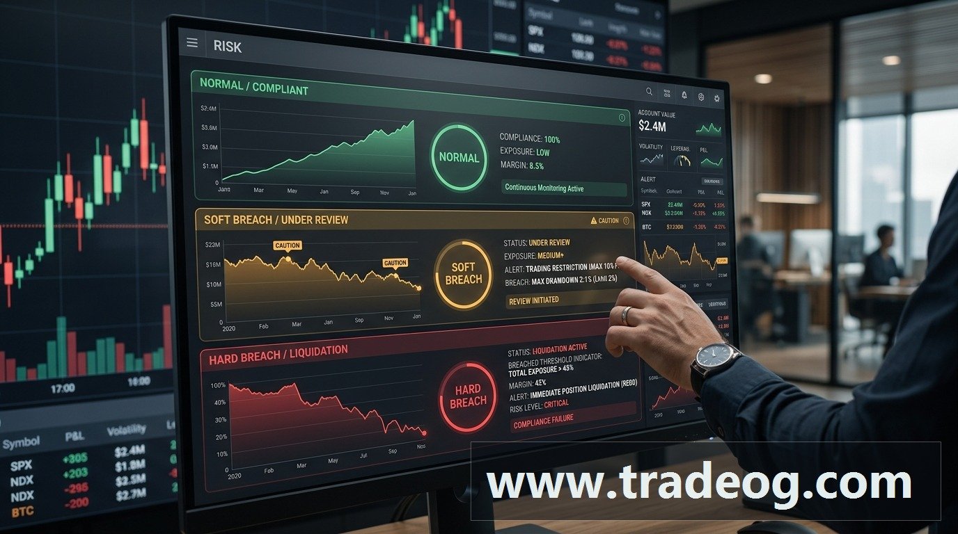 Financial interface comparing soft breach and hard breach conditions in prop trading