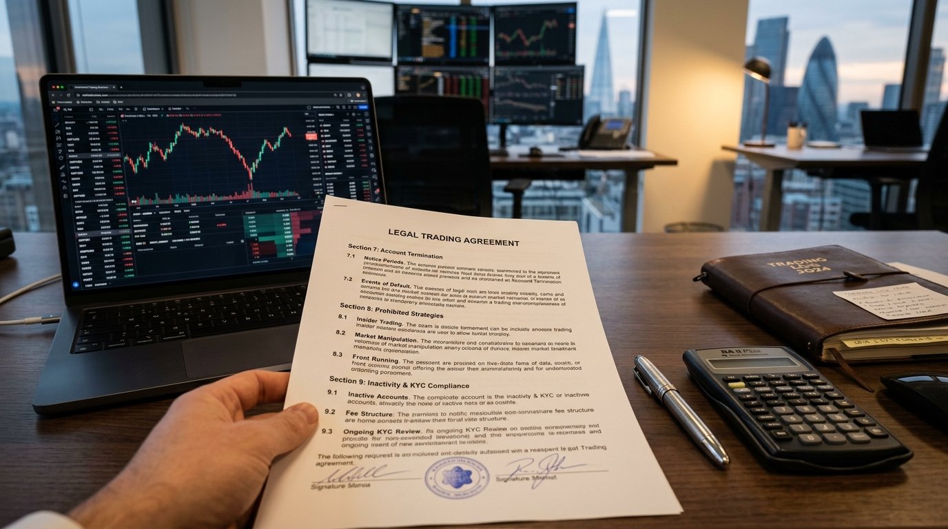 Trader reviewing prop firm termination rules and trading conditions
