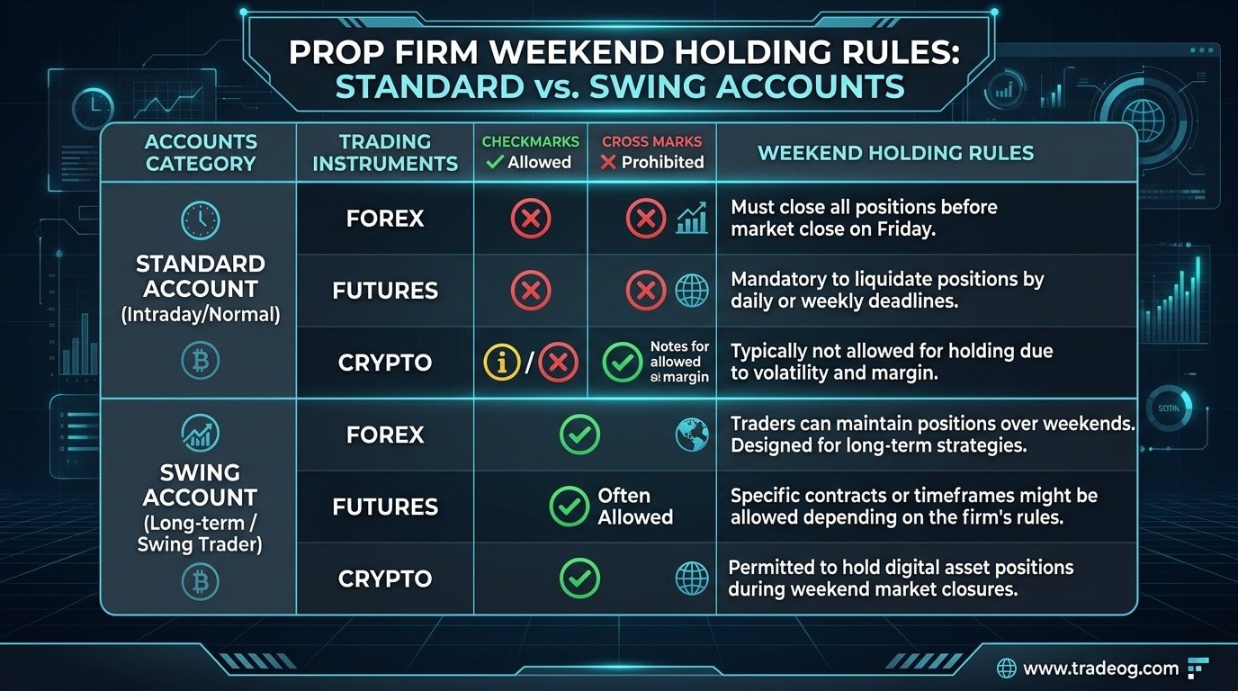 Prop Firm Weekend Holding Rules Standard vs Swing Accounts www.tradeog.com