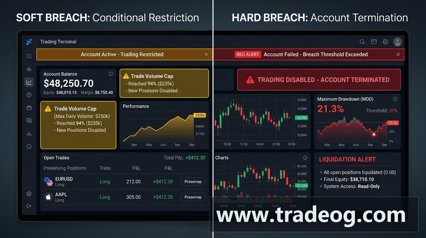 Comparison dashboard showing soft breach and hard breach outcomes in prop trading