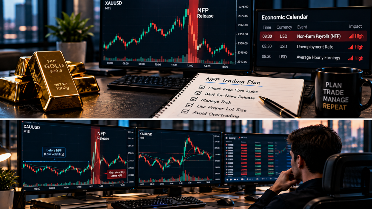 Realistic XAUUSD gold trading desk during NFP with economic calendar and prop firm risk planning