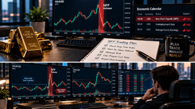 Realistic XAUUSD gold trading desk during NFP with economic calendar and prop firm risk planning