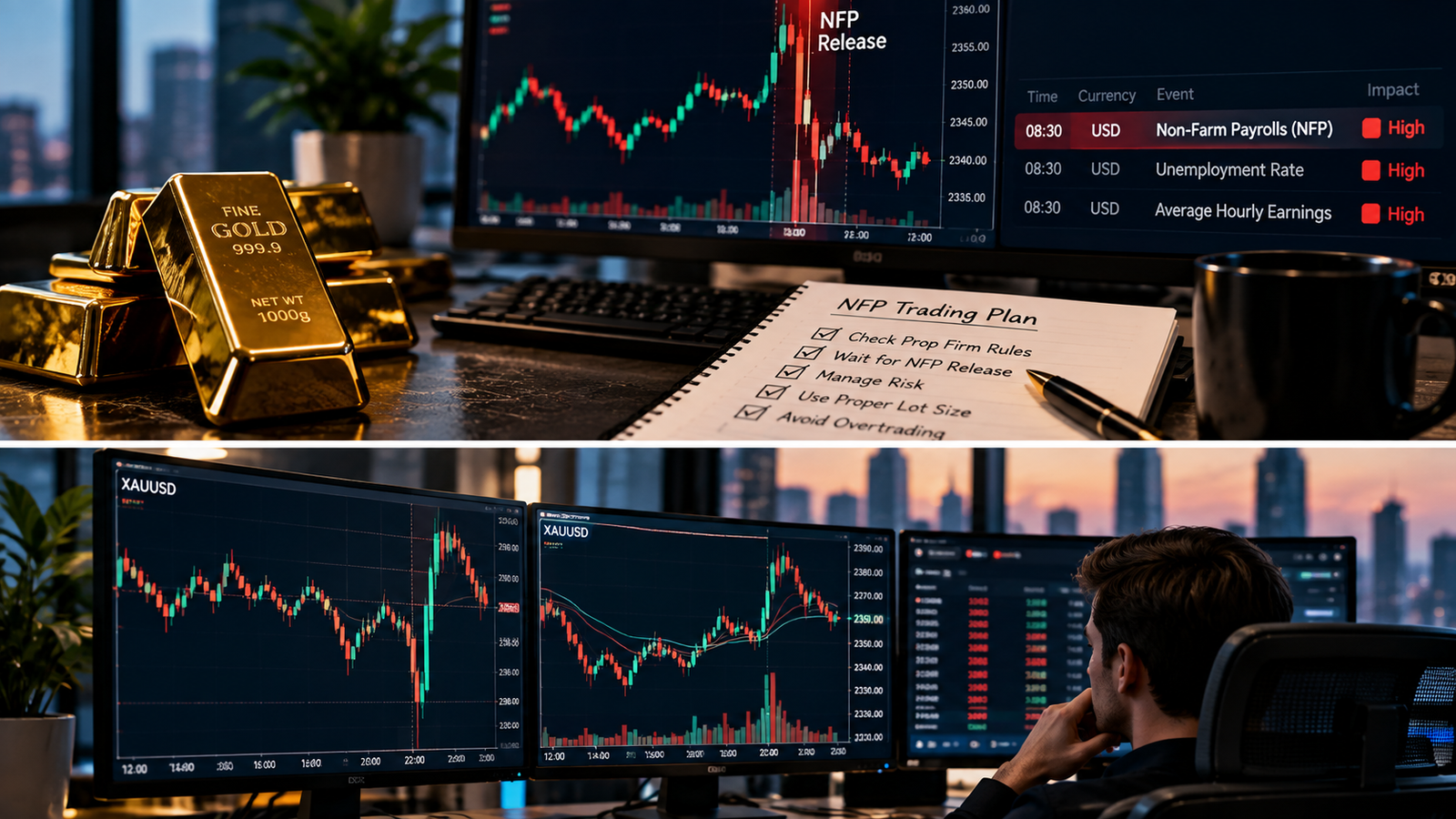 Gold trading during NFP prop firm rule comparison and XAUUSD volatility