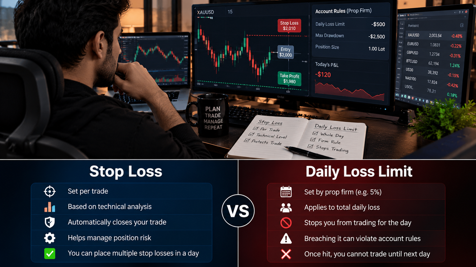 TradeOG educational trading image comparing stop loss and daily loss limits