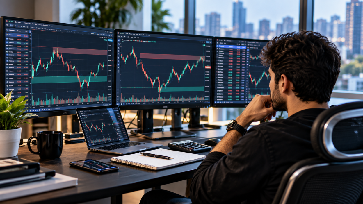 Realistic trader studying financial charts and market data