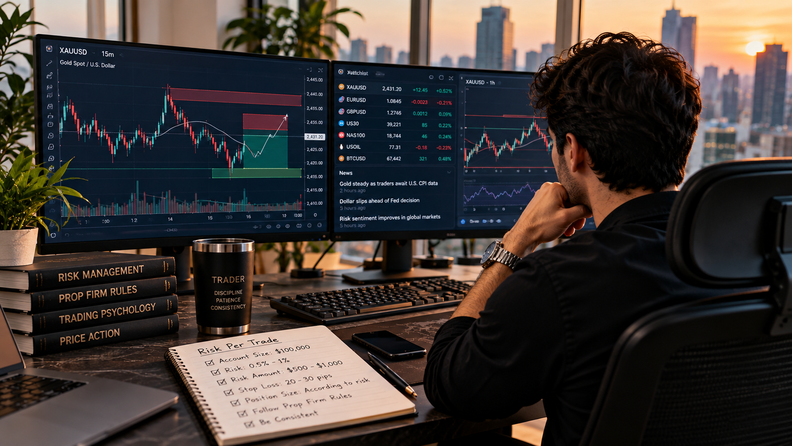 Realistic trader analyzing XAUUSD market charts and financial news