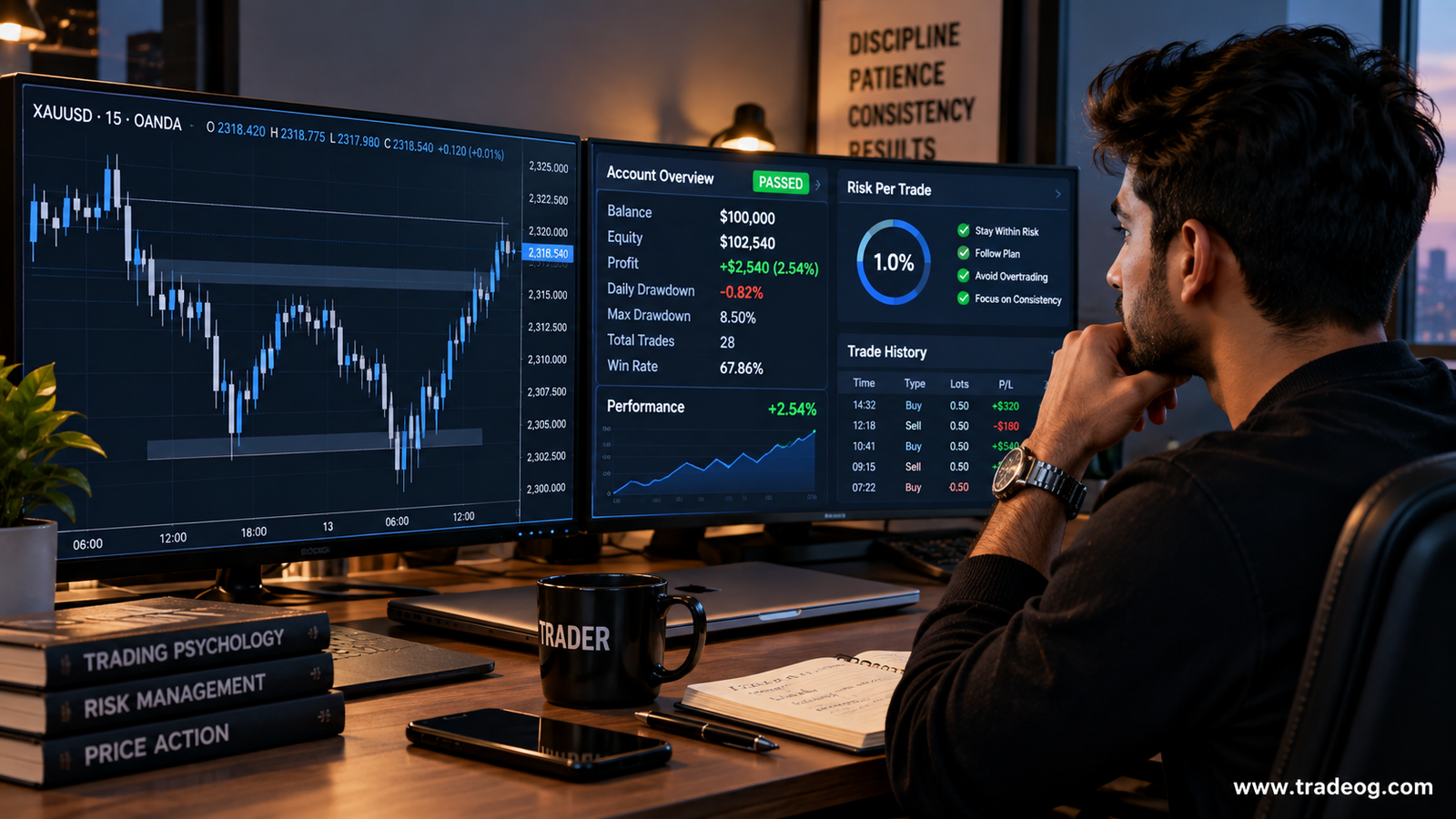 Realistic trading dashboard comparing trailing and end of day drawdown