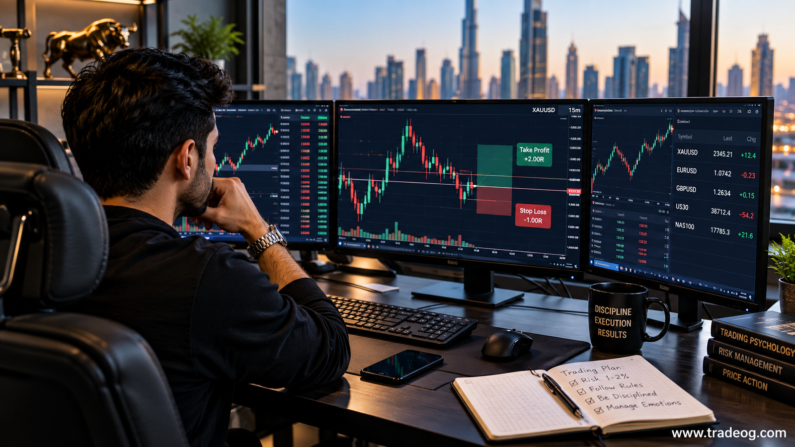 Realistic trader comparing trailing drawdown and EOD drawdown on trading monitors