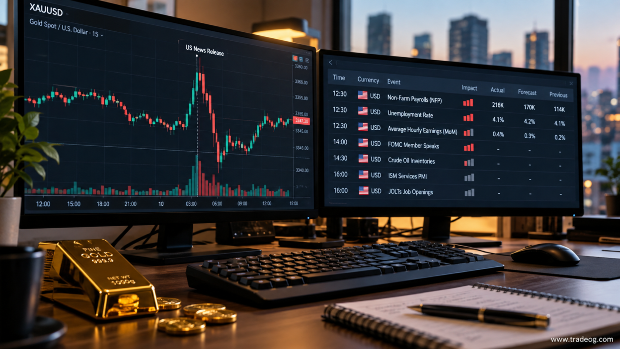 Realistic XAUUSD gold trading setup showing price volatility during major US economic news releases