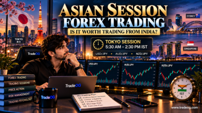 3D cinematic illustration of Asian session forex trading from India with Tokyo session, IST timing and USD JPY charts