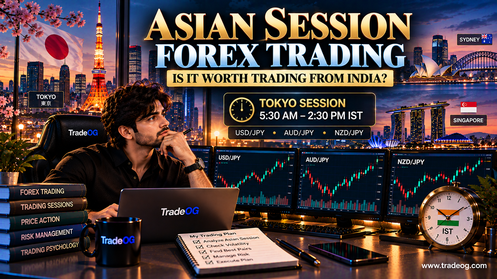 3D cinematic illustration of Asian session forex trading from India with Tokyo session, IST timing and USD JPY charts
