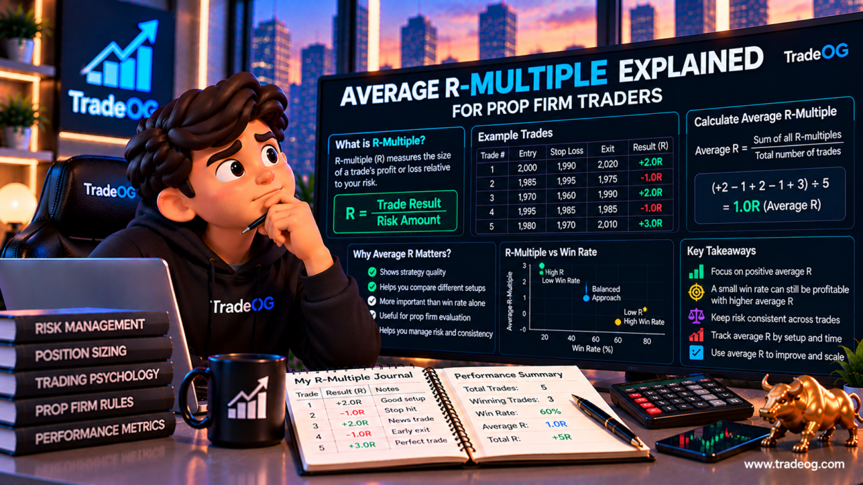 3D illustration explaining average R-multiple for prop firm traders