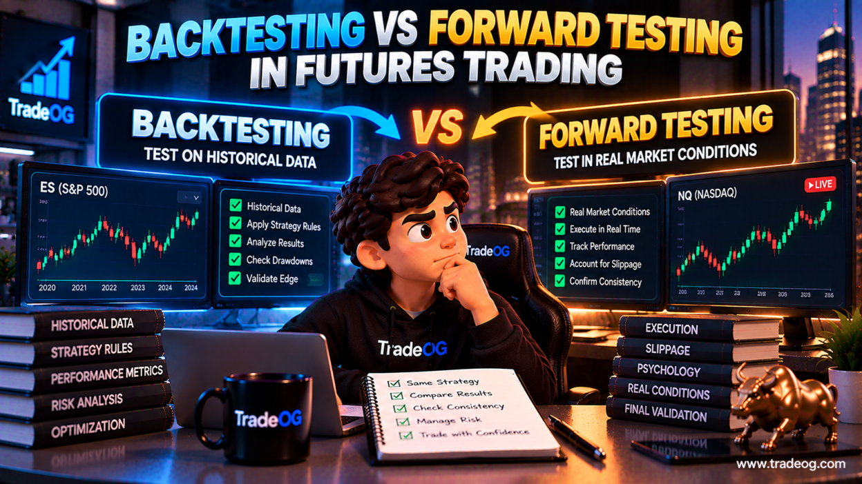3D illustration comparing backtesting and forward testing in futures trading