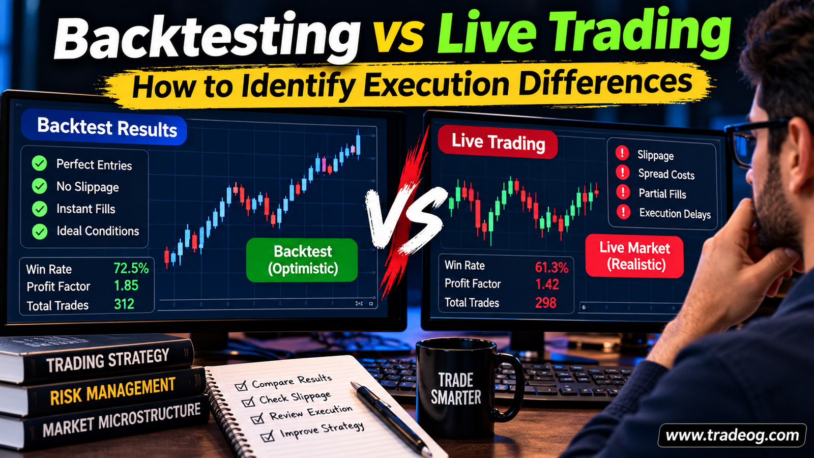 Split-screen comparison of backtesting results and live trading execution costs including slippage, spreads, partial fills and delays
