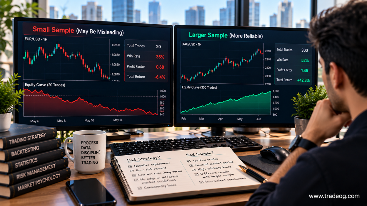 Realistic trading workspace comparing a small misleading trading sample with a larger strategy sample