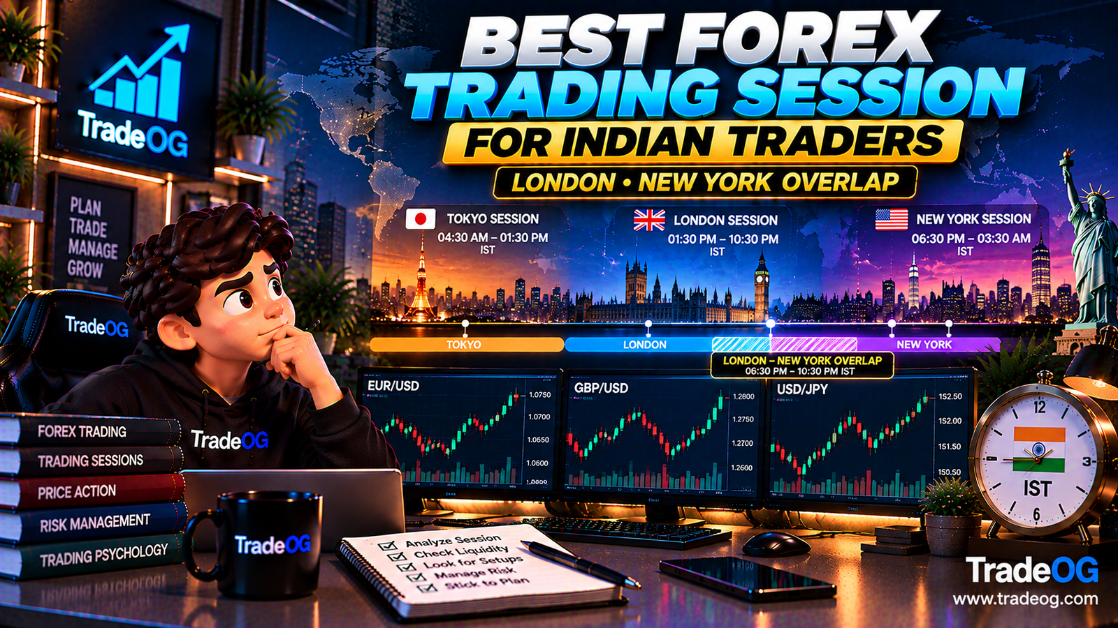 3D illustration showing the best forex trading session for Indian traders and the London New York overlap in IST