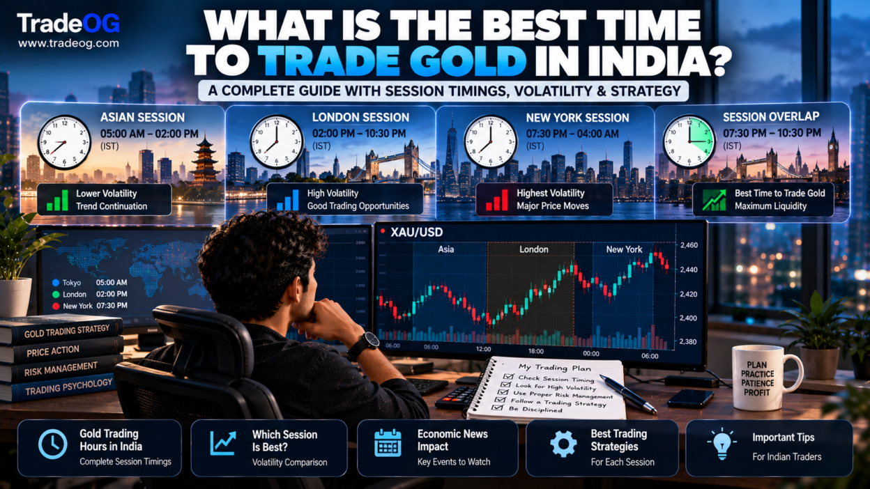 Best time to trade gold in India showing XAU/USD Asian London New York sessions and IST trading windows